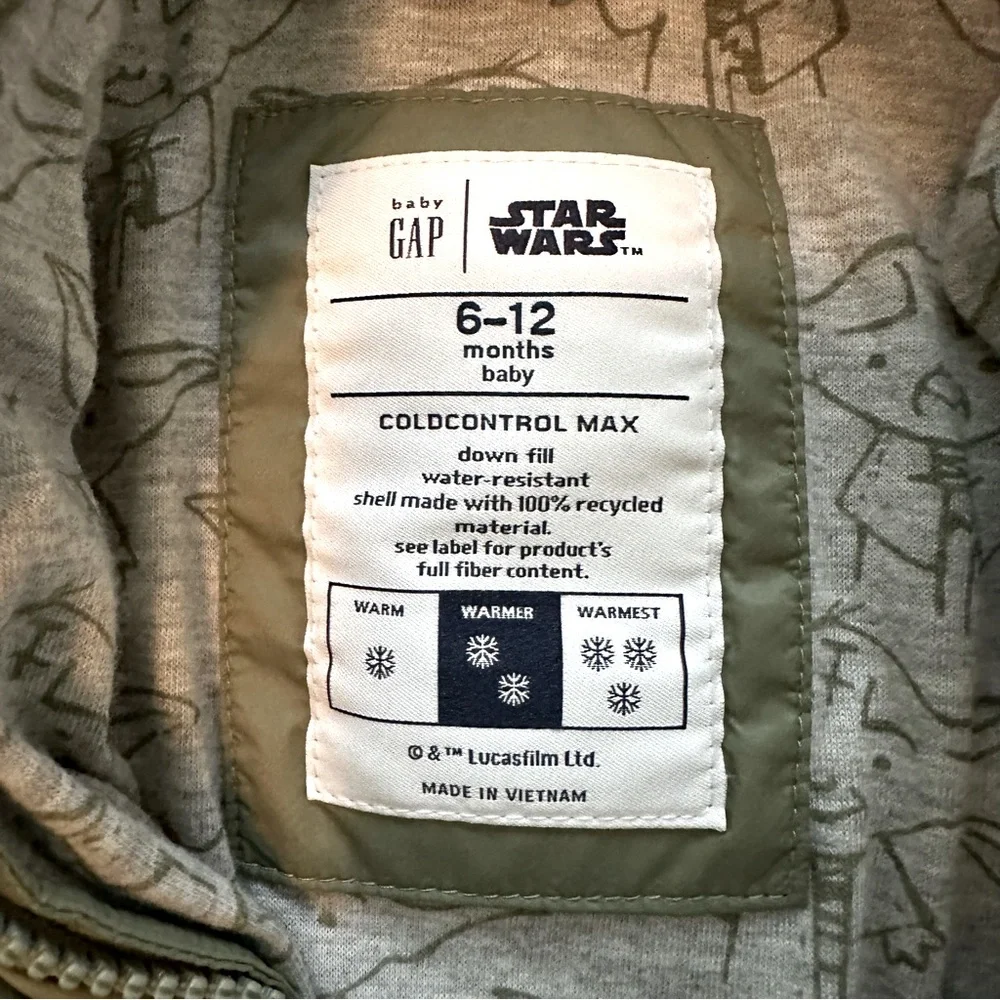 Gap Baby | Yoda - Star Wars Puffer Jacket - Sz 6/12 months - EUC - Picture 4 of 8